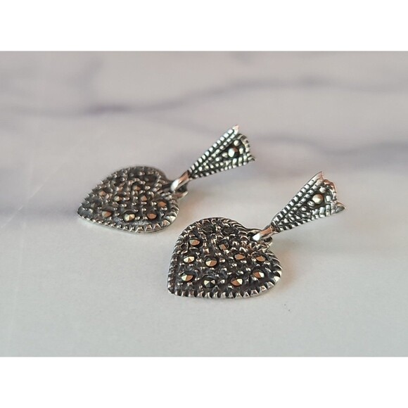 925 Sterling Silver Marcasite Dangling Heart Shaped Pierced Earrings Vintage - Picture 4 of 10